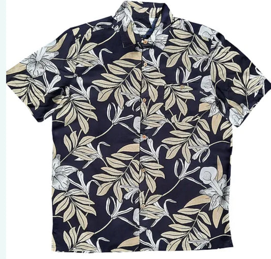 Molokai / Lanikai Vintage 100% Rayon Shirt- Navy With Cream Palms