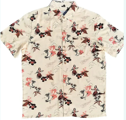 Molokai / Lanikai Vintage 100% Rayon Shirt -Cream Hula girls