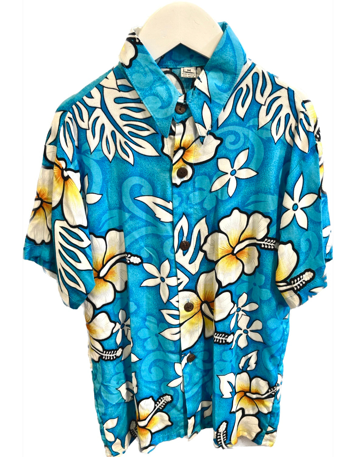 Kids aloha shirt blue - with white hibiscus 