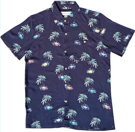Molokai / Lanikai Vintage 100% Rayon Shirt- Navy With VwBus palms