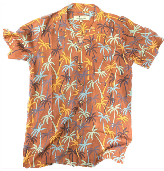 Molokai / Lanikai Vintage 100% Rayon Shirt -Brick and Pastel palms