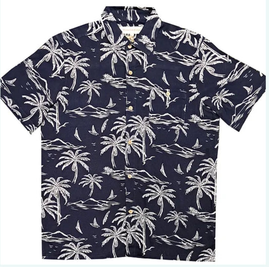 Molokai / Lanikai Vintage 100% Rayon Shirt- Navy With Islands n Palms